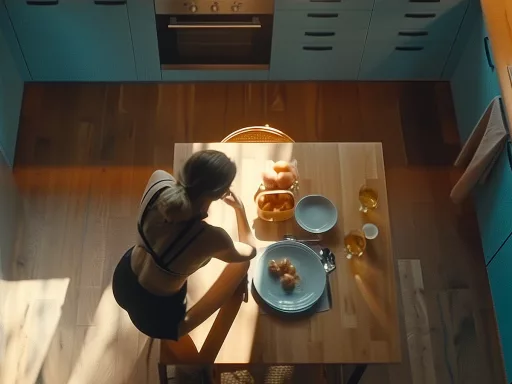 Femme préparant le petit-déjeuner dans cuisine moderne.