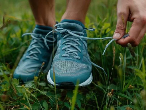 Attache lacet chaussure sportive herbe verte.