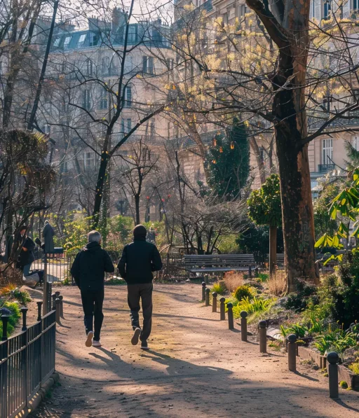 Promeneurs dans un parc parisien ensoleillé.