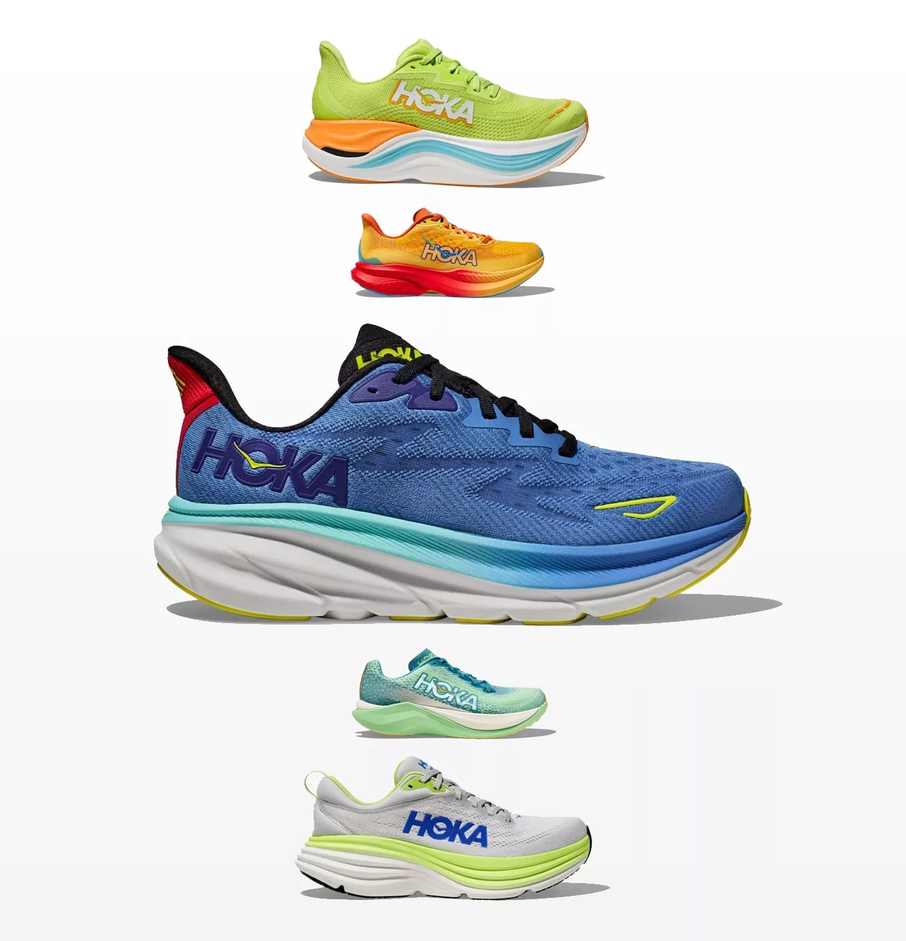 Différents modèles de chaussures de sport Hoka colorées