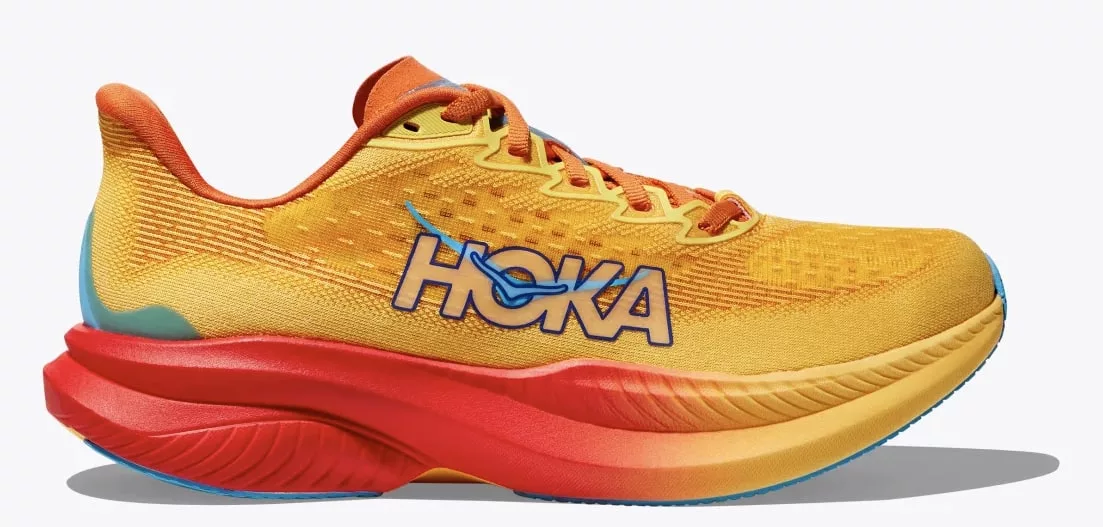 Chaussure de sport Hoka jaune et rouge