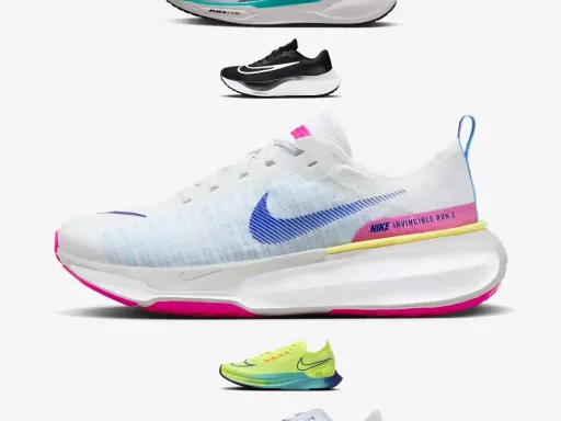 Quatre modèles différents de chaussures Nike colorées.