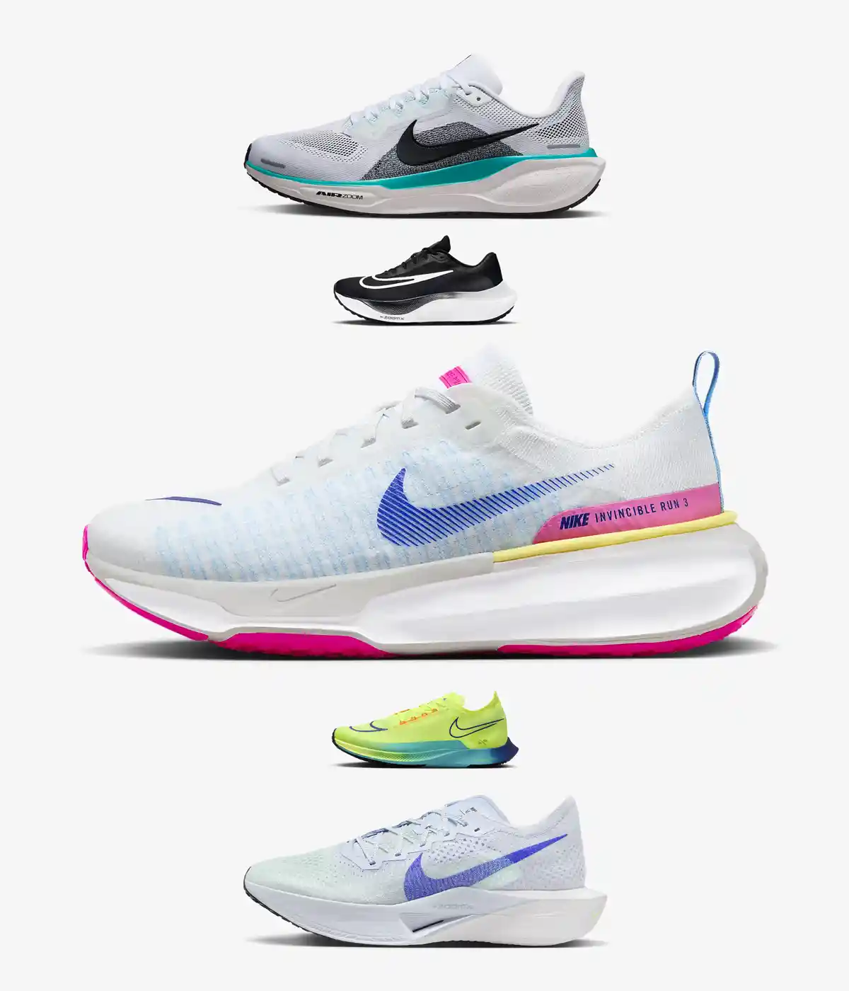 Quatre modèles différents de chaussures Nike colorées.