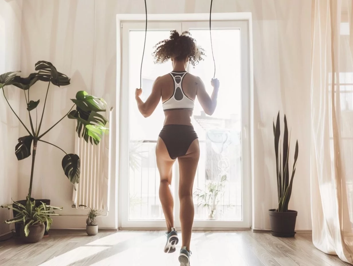 Femme faisant de la corde à sauter chez elle