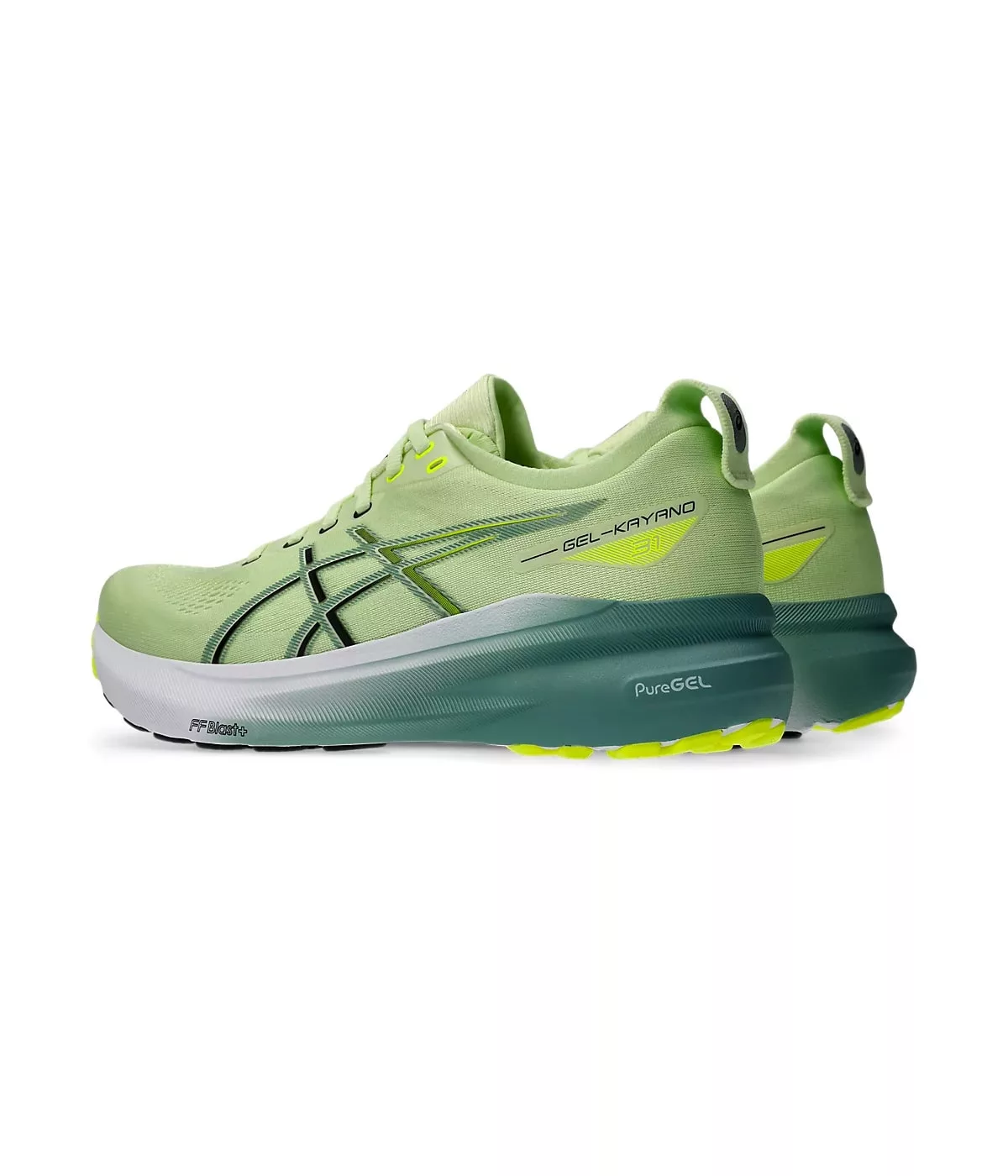 Baskets vertes Asics Gel-Kayano modernes.