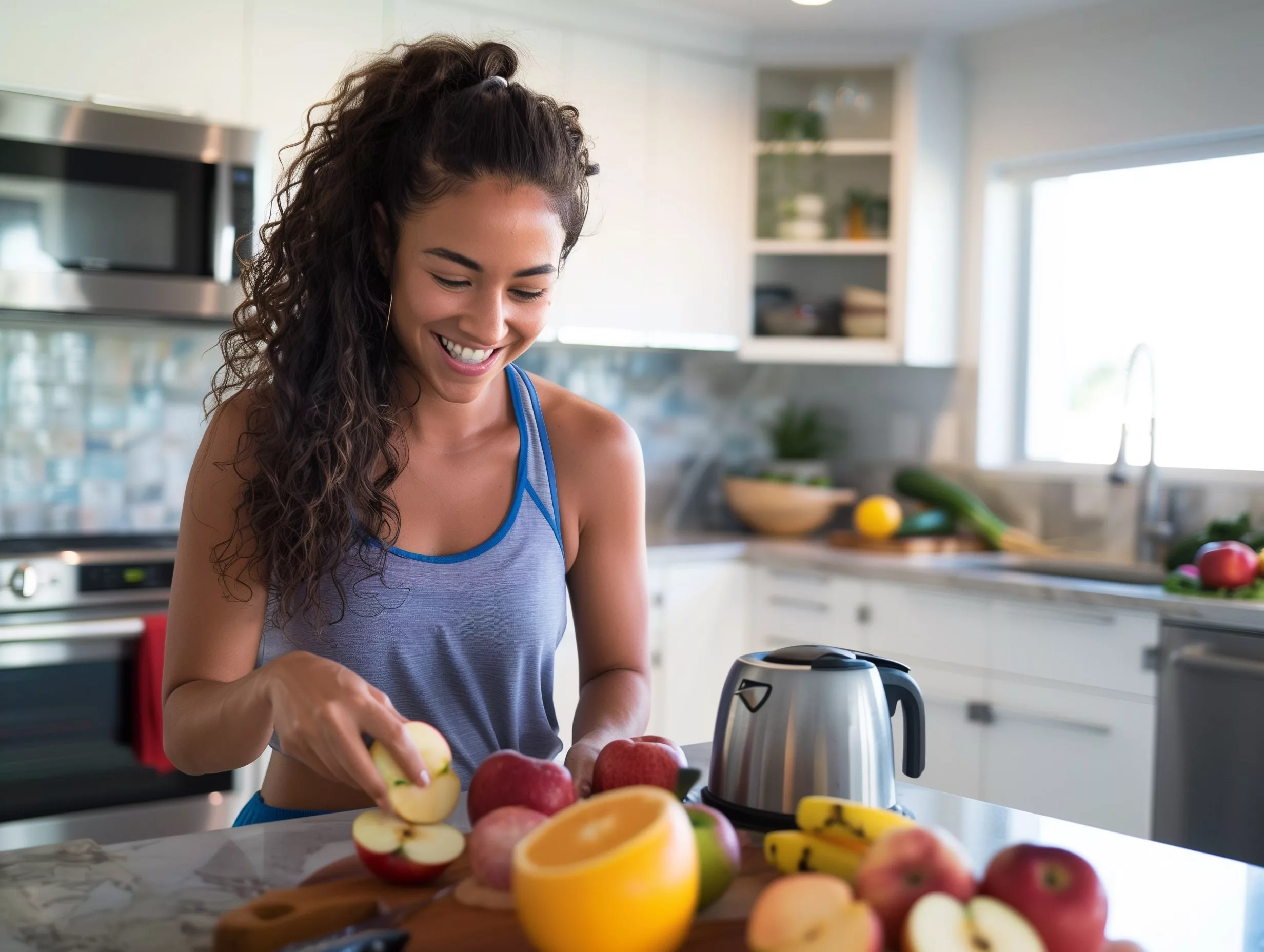 Femme souriante coupe des pommes en cuisine.