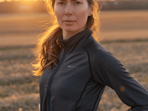 Femme sérieuse au coucher de soleil en campagne.