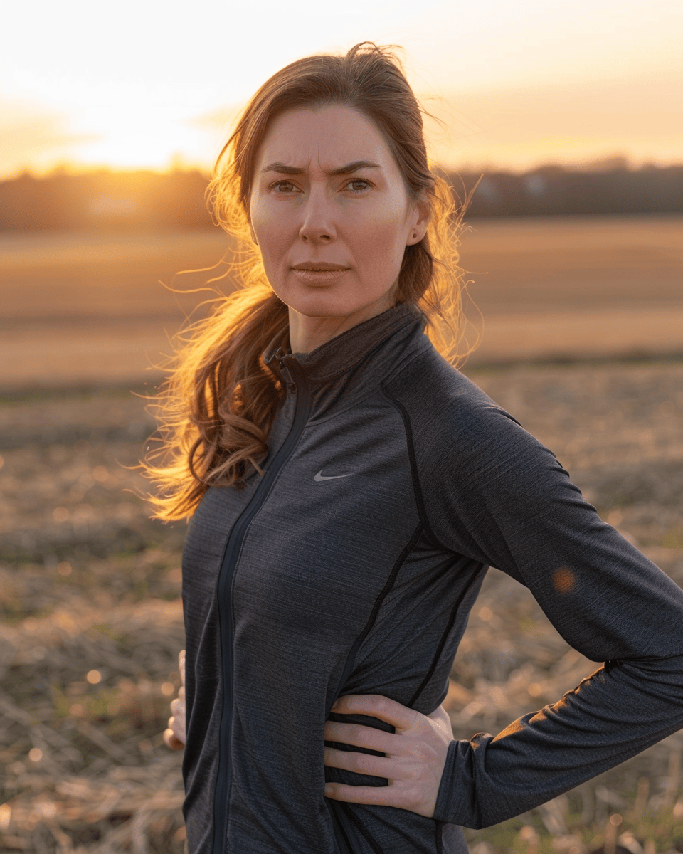 Femme sérieuse au coucher de soleil en campagne.