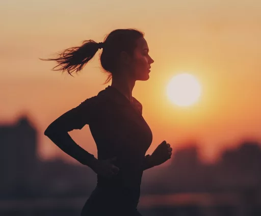 Femme court au coucher du soleil