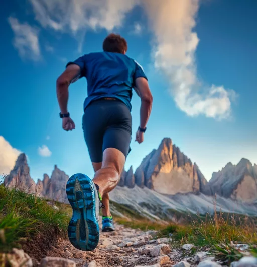 Homme courant montagne sentier ciel nuageux