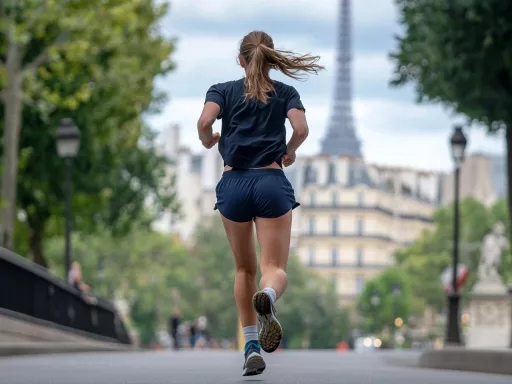 Femme courant à Paris devant la Tour Eiffel.