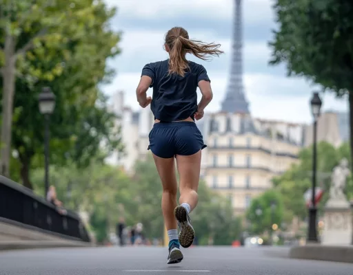 Femme courant à Paris devant la Tour Eiffel.