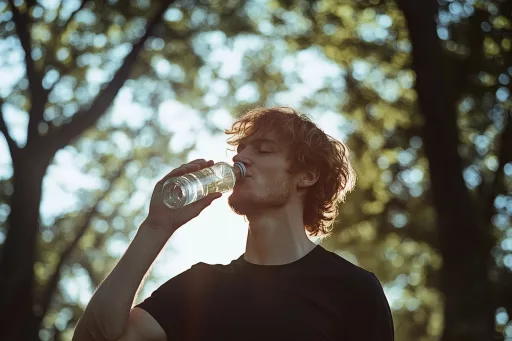 Homme buvant de l'eau en plein air.