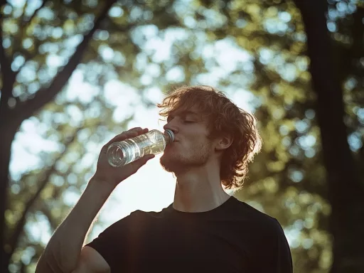 Homme buvant de l'eau en plein air.