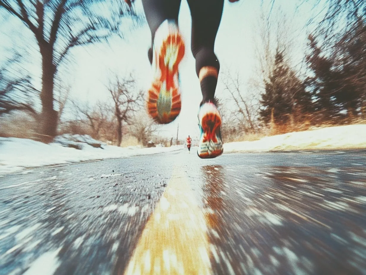 Course à pied sur route enneigée, vitesse.