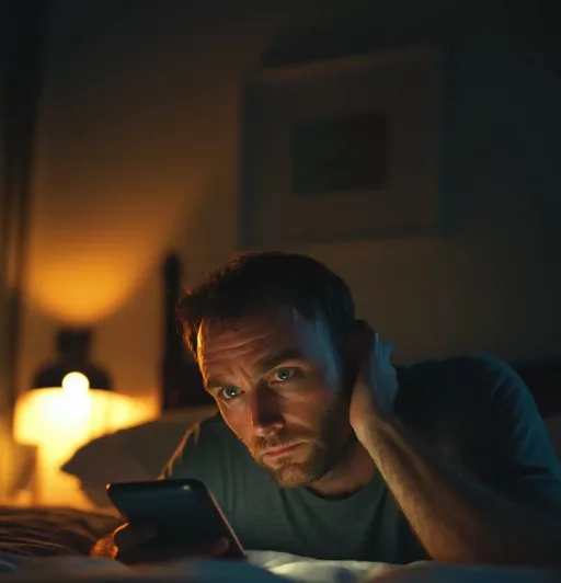 Homme regarde smartphone sur le lit sombre.