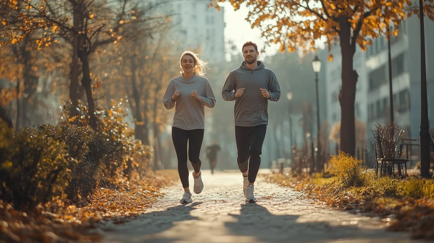 Couple jogge dans un parc automnal