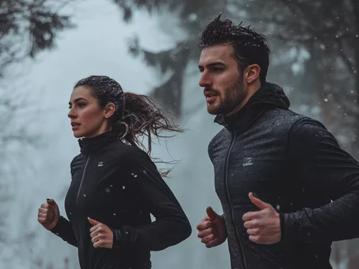 Couple courant sous la neige en hiver.