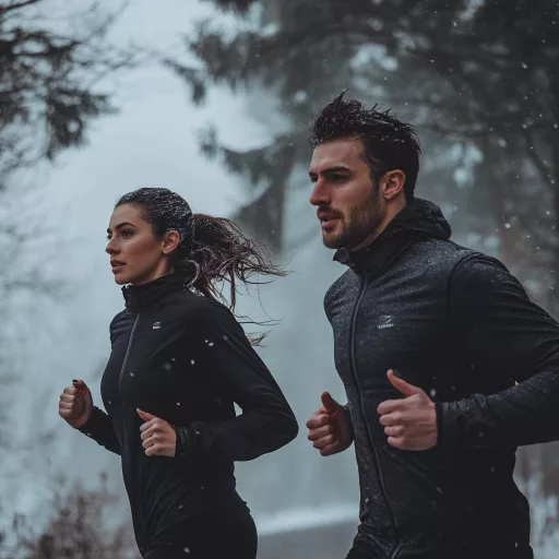 Couple courant sous la neige en hiver.