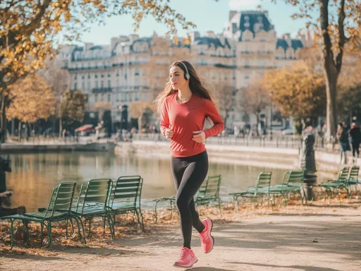 Femme courant au parc automnal à Paris