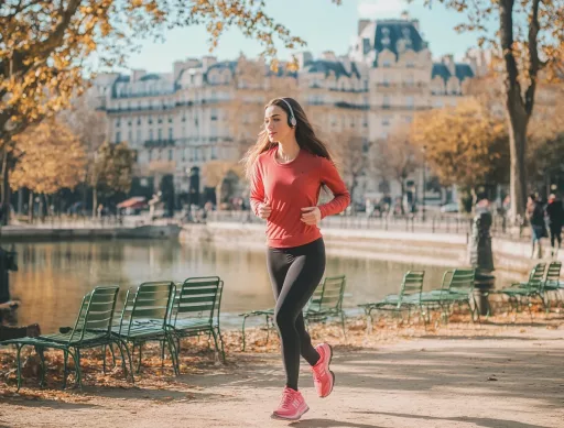 Femme courant au parc automnal à Paris