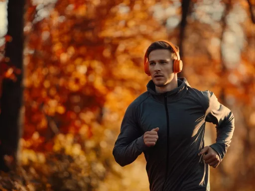 Homme courant en automne avec des écouteurs.