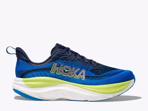 Chaussure running bleue et jaune avec logo.