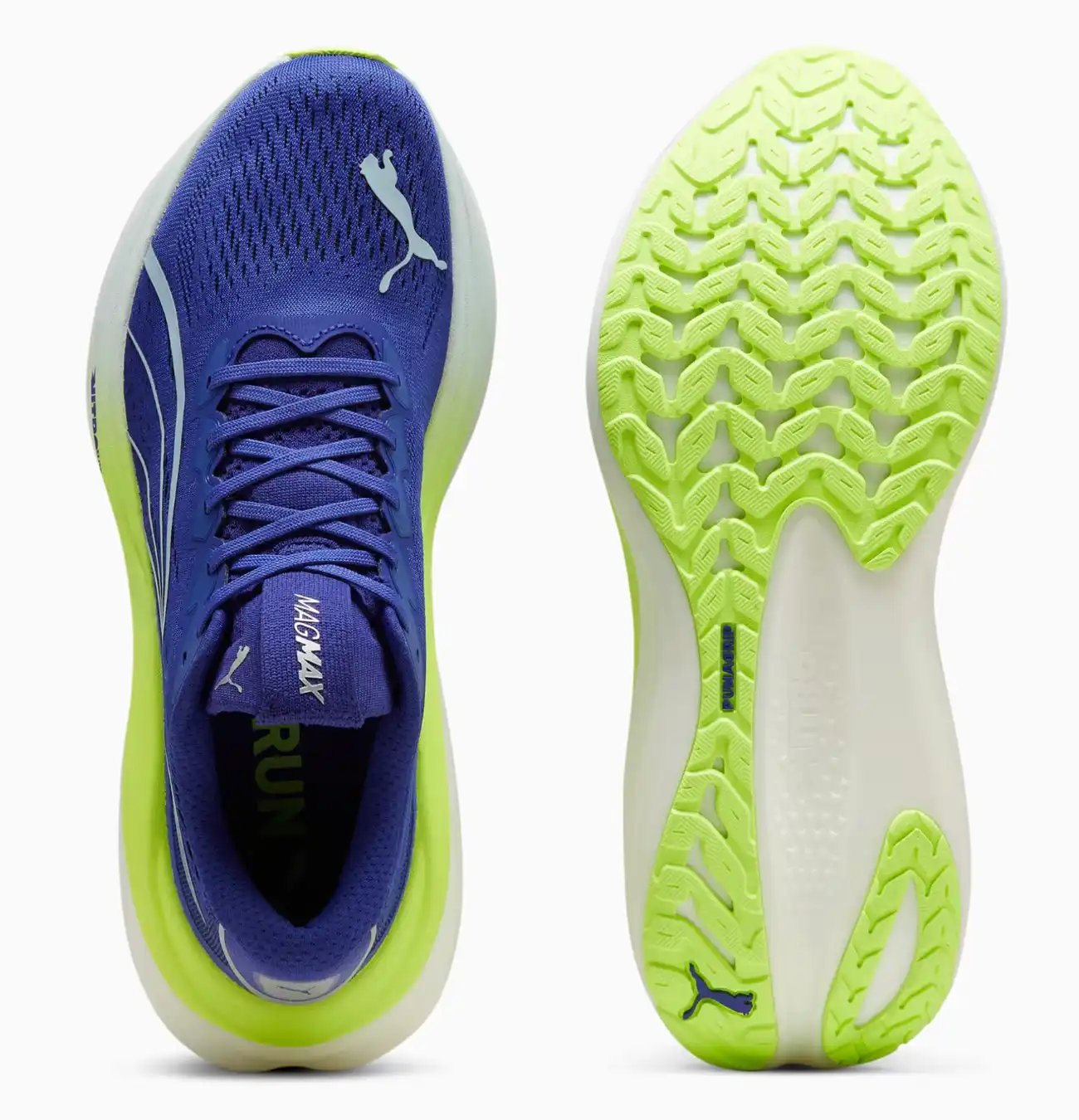 Chaussures de course bleu et vert fluo, Puma.