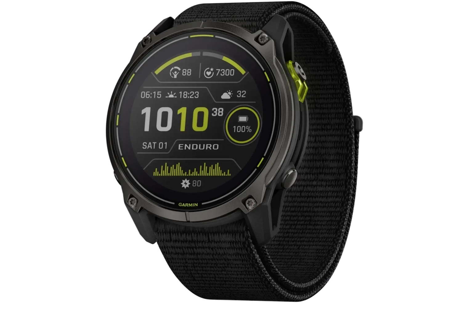 Montre connectée Garmin affichant des données et statistiques.