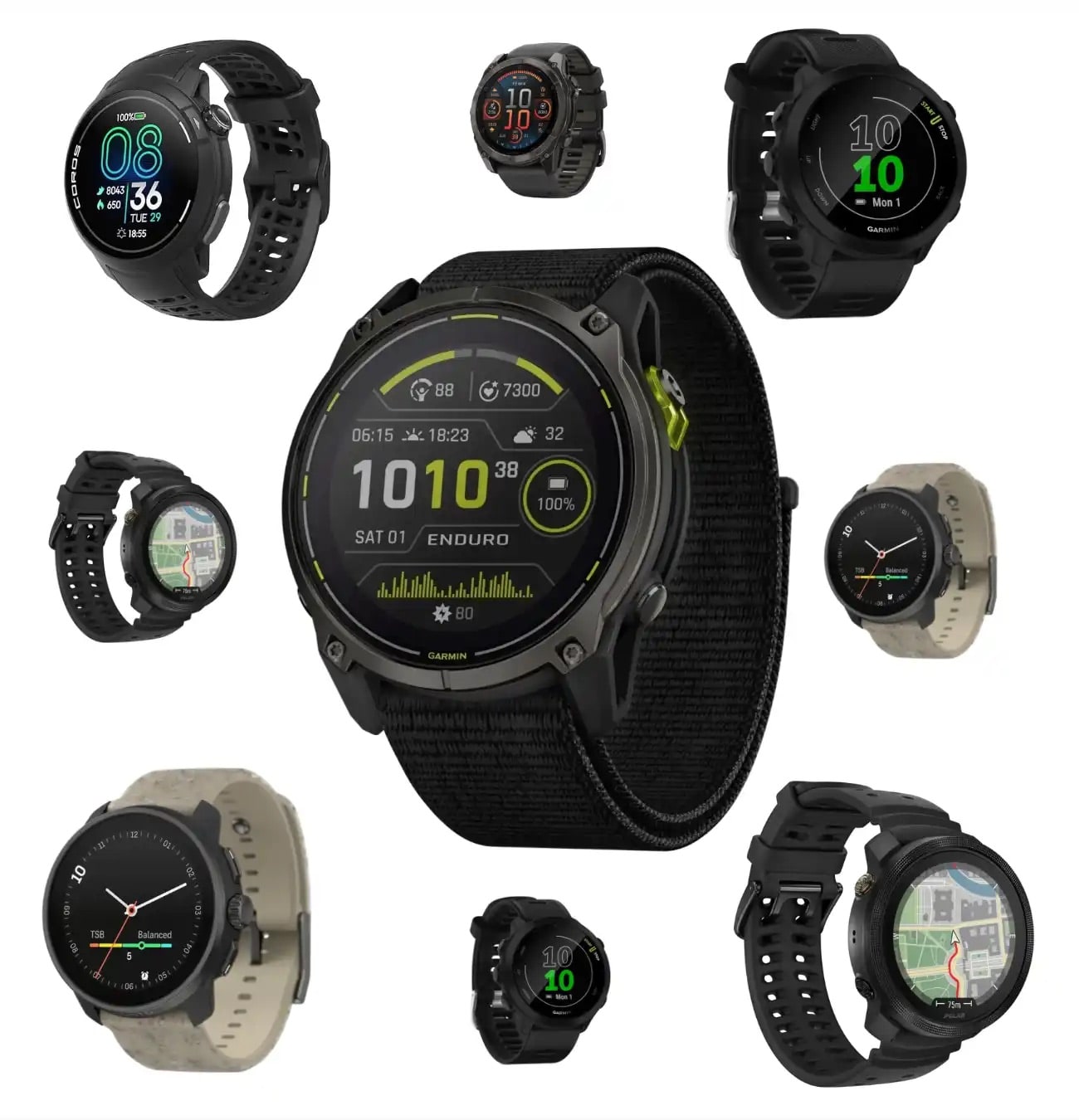 Montres intelligentes avec différents cadrans et fonctions.