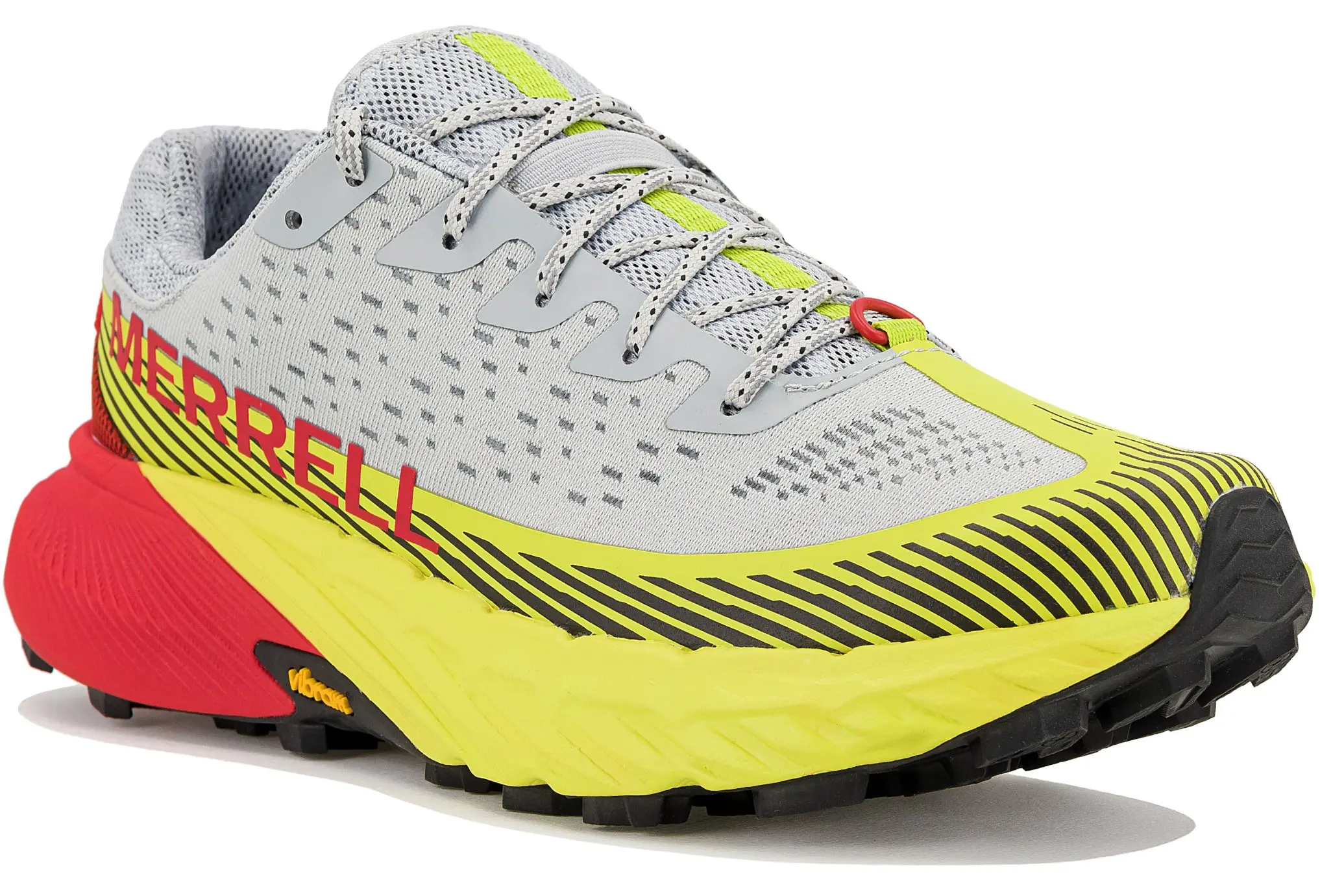 Chaussure de course jaune et grise de Merrell.