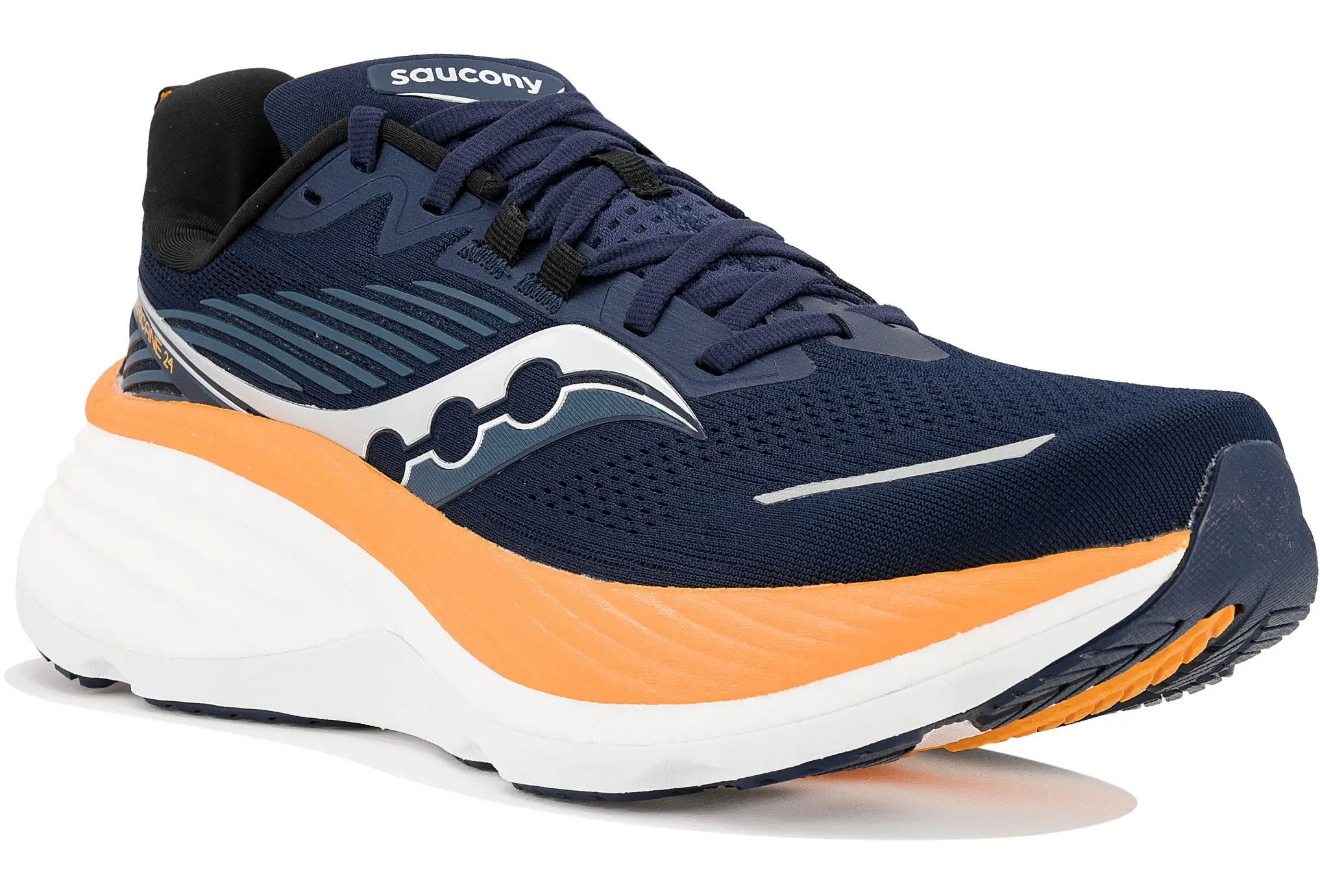 Baskets Saucony bleu marine, semelle orange et blanche.