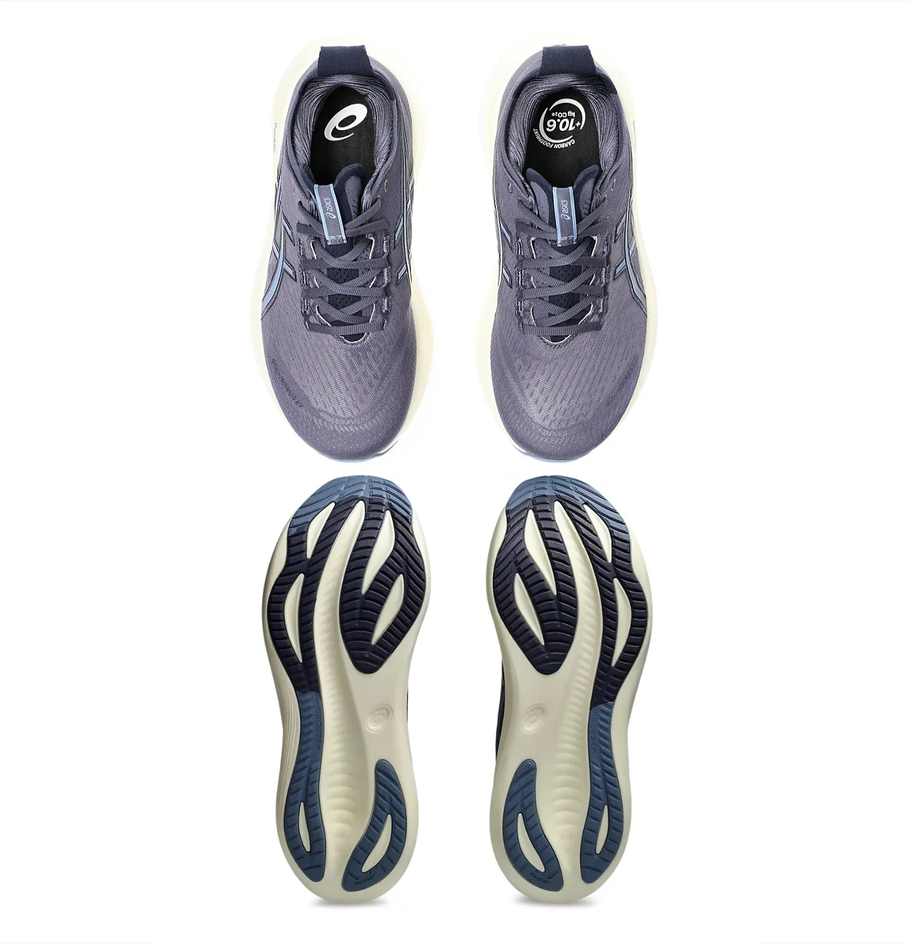 Chaussures de sport violettes vues du dessus et dessous.