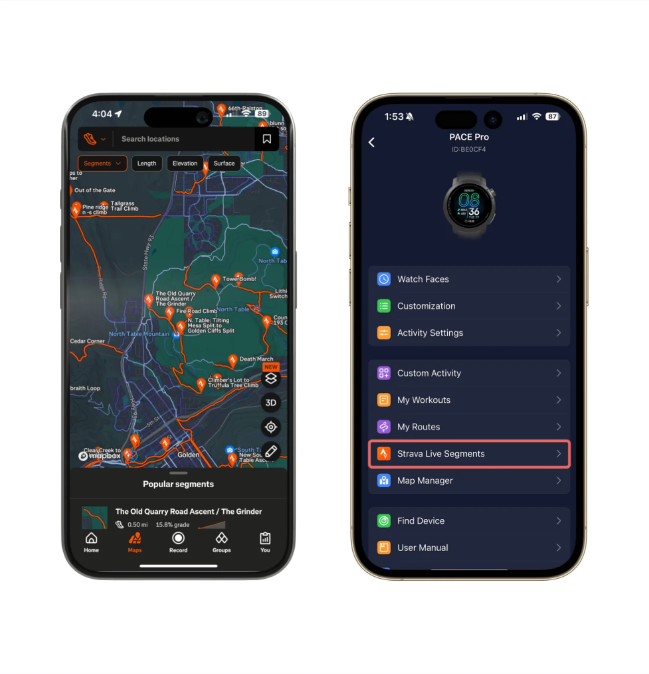 Deux écrans d'application de navigation sportive.