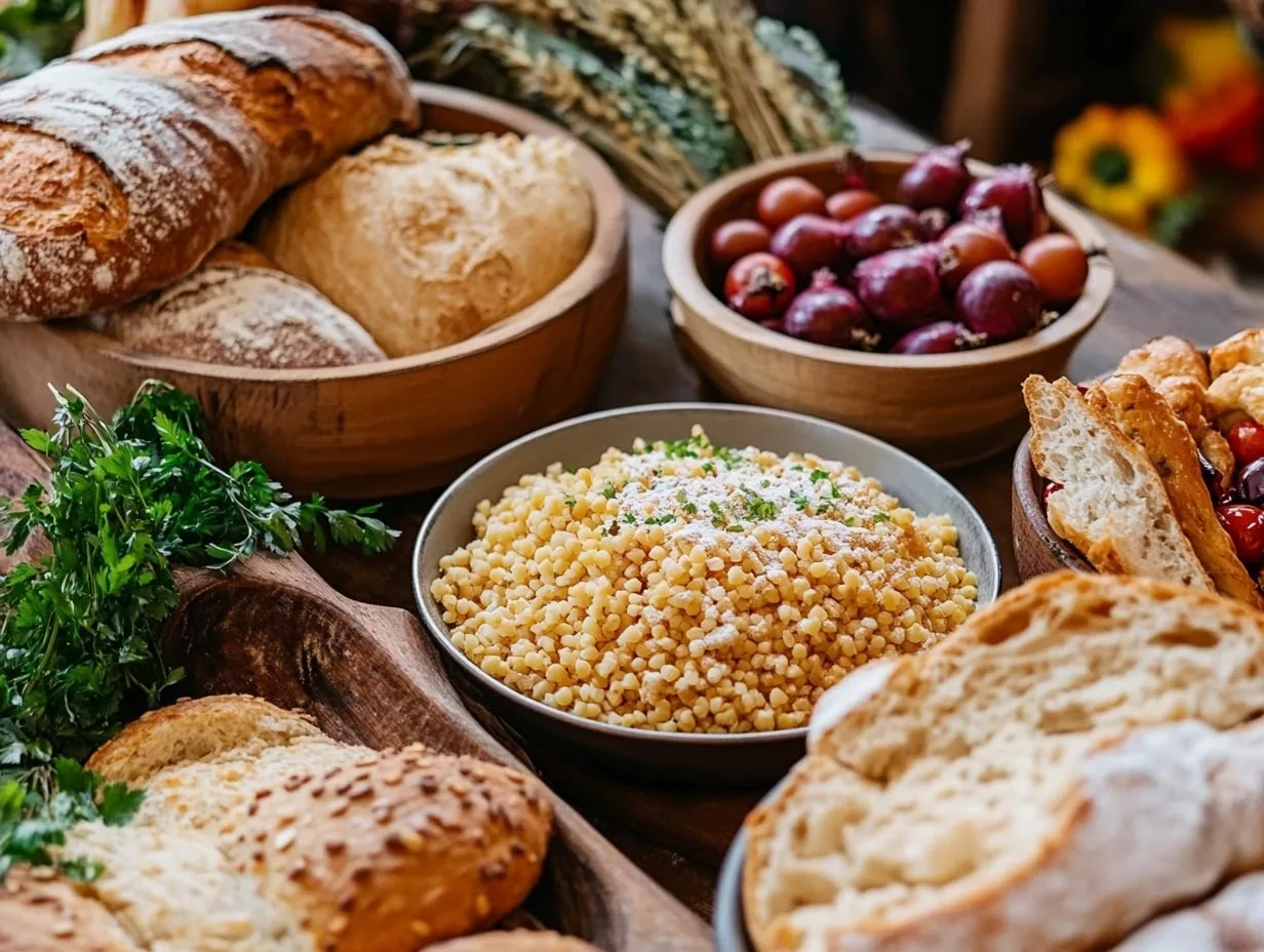 Assortiment de pains, légumes et céréales sur table.