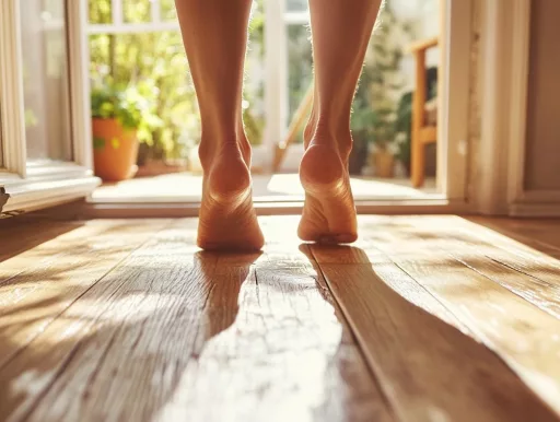 Pieds nus marchant sur plancher ensoleillé.