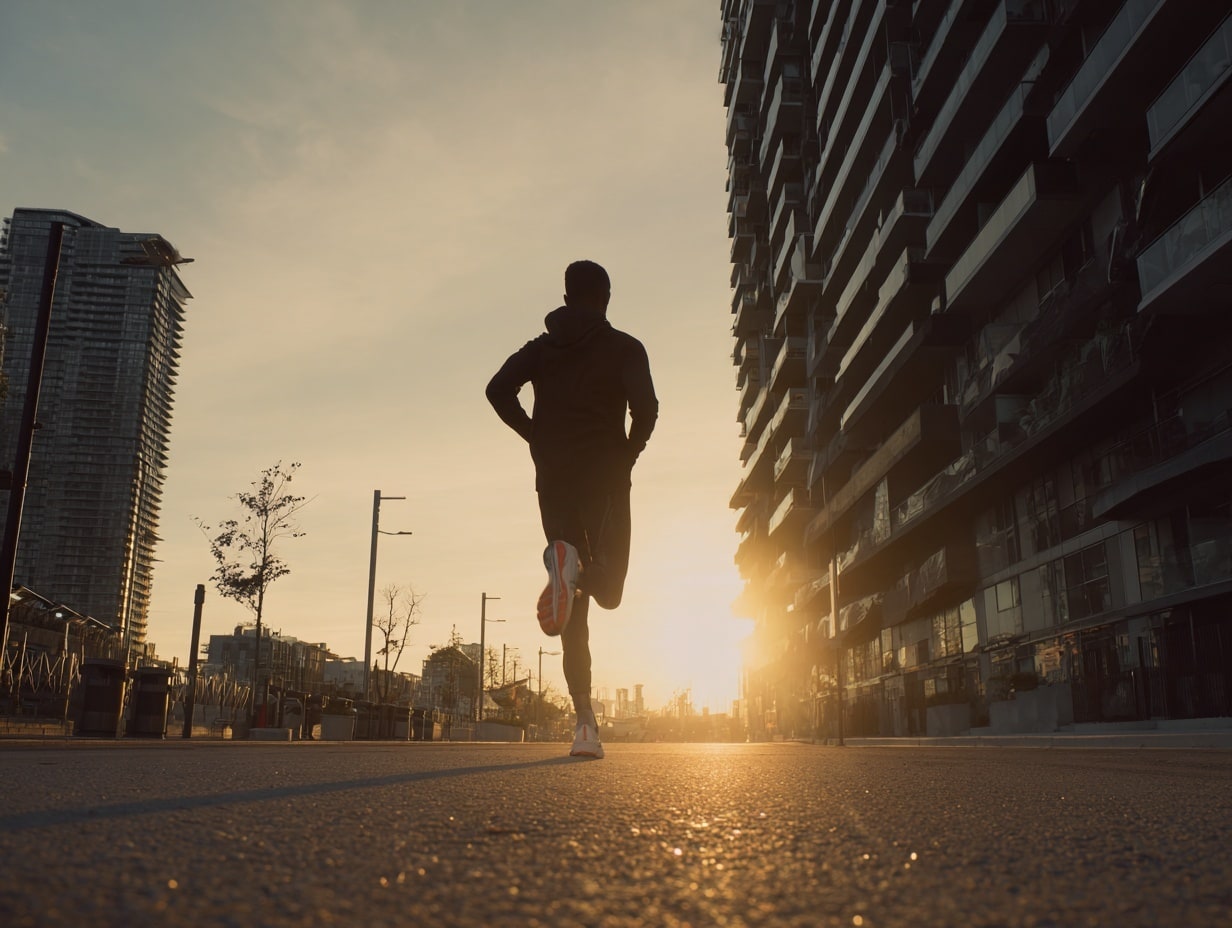 Homme courant au lever du soleil en ville.