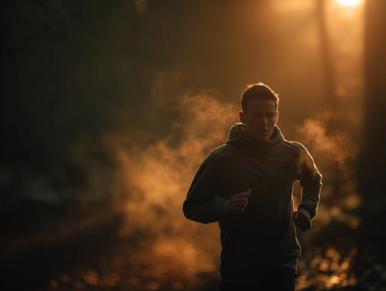 Homme courant au lever du soleil dans la forêt.