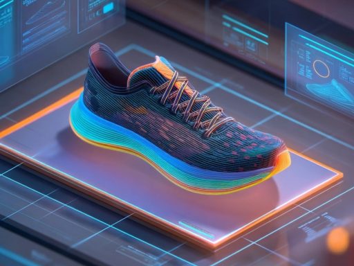 Chaussure futuriste sur fond numérique interactif.