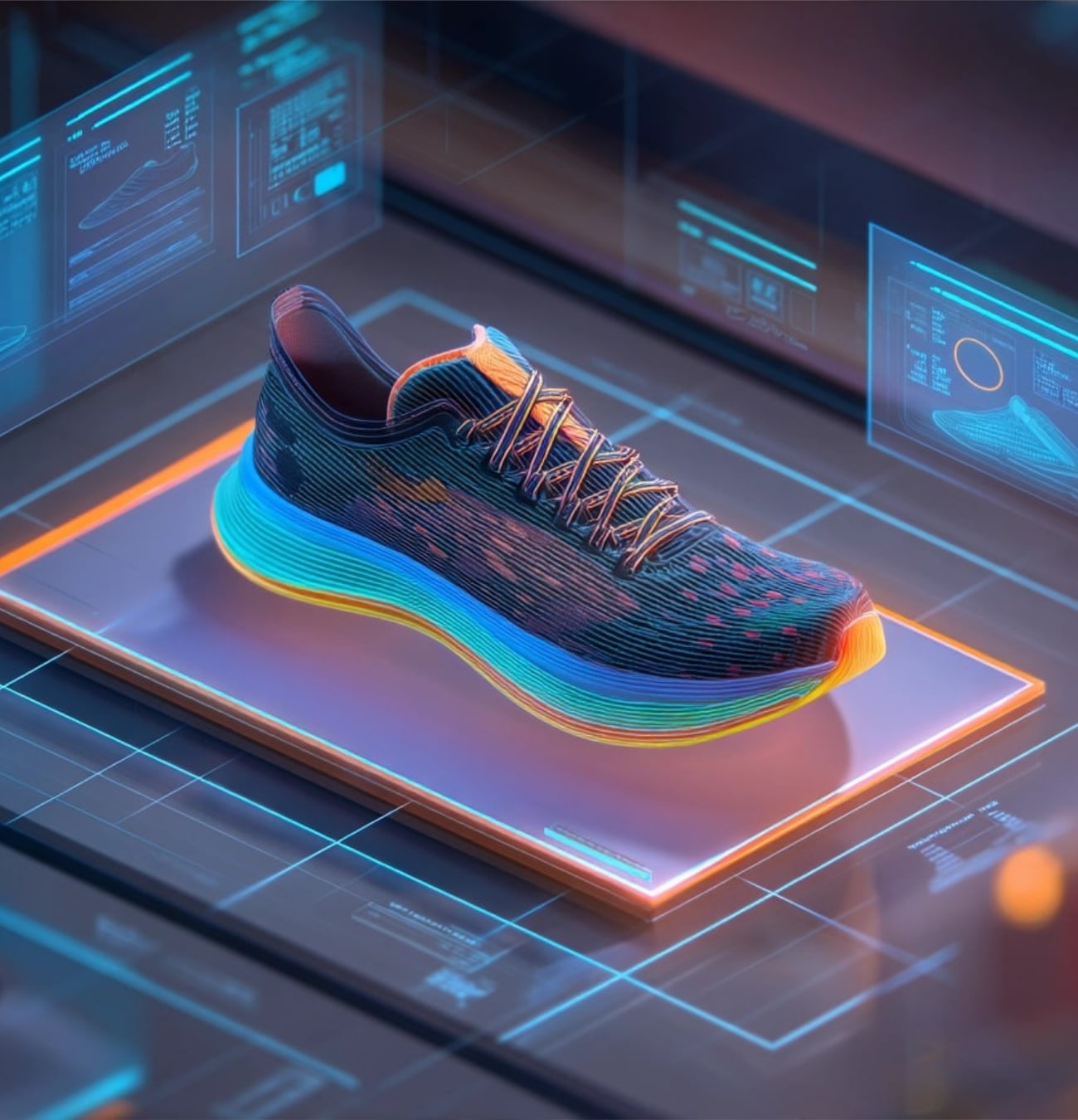 Chaussure futuriste sur fond numérique interactif.