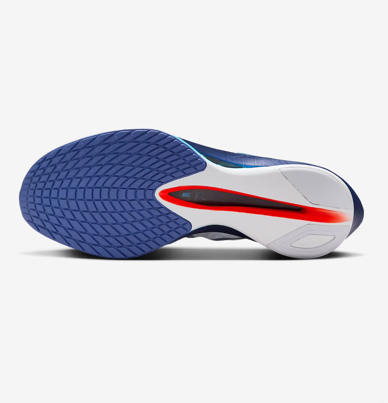 Semelle de chaussure bleu et blanche, logo visible.