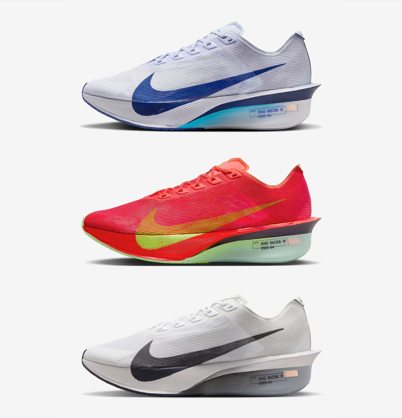 Trois paires de chaussures de course colorées.