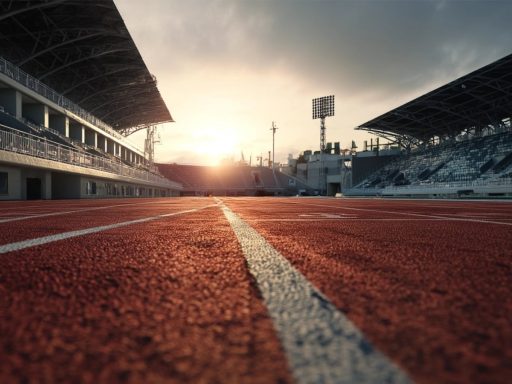 Piste d'athlétisme au coucher du soleil.