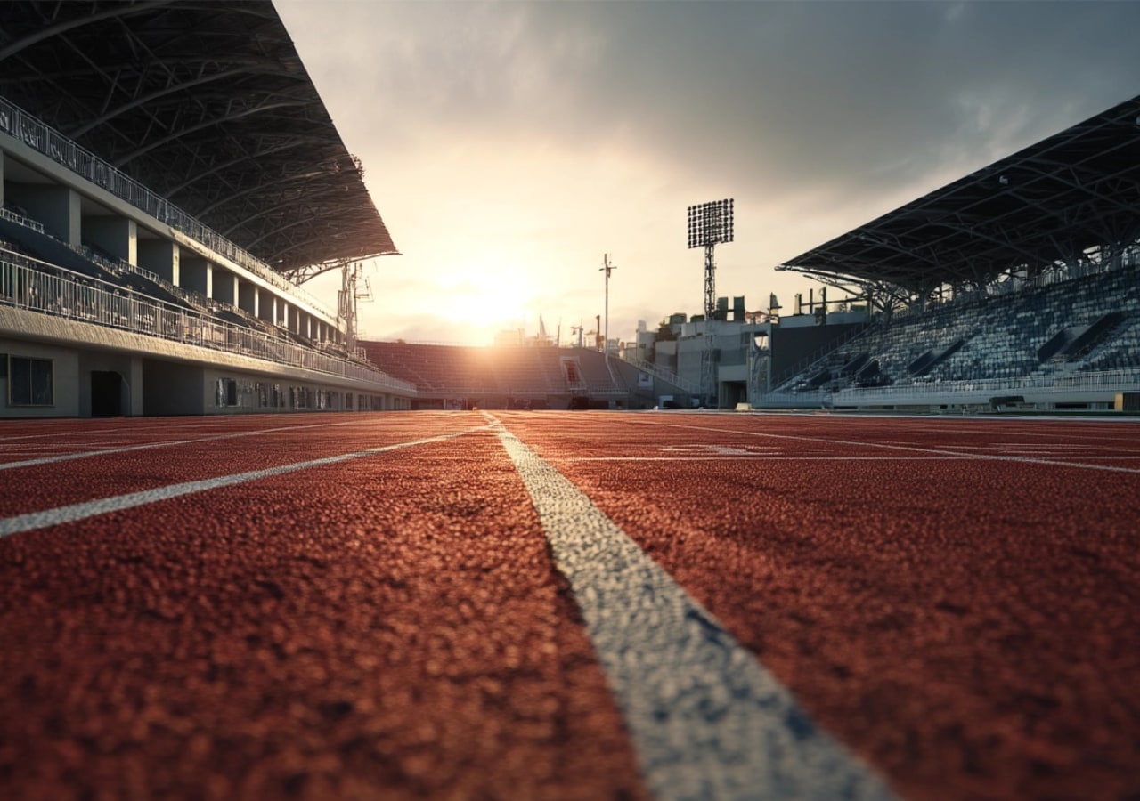 Piste d'athlétisme au coucher du soleil.