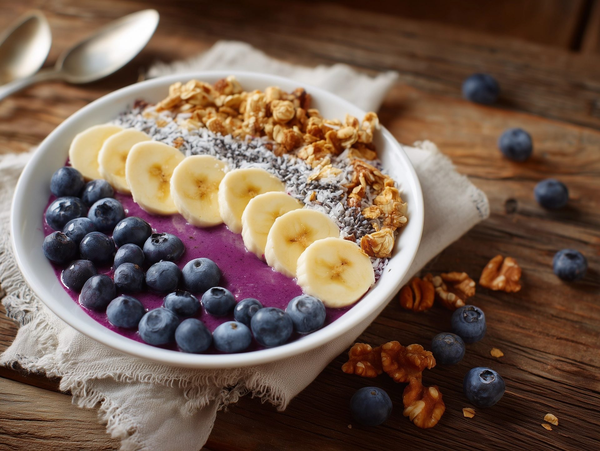 Bol de smoothie avec myrtilles, bananes, granola.