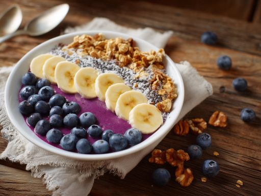 Bol de smoothie avec myrtilles, bananes, granola.
