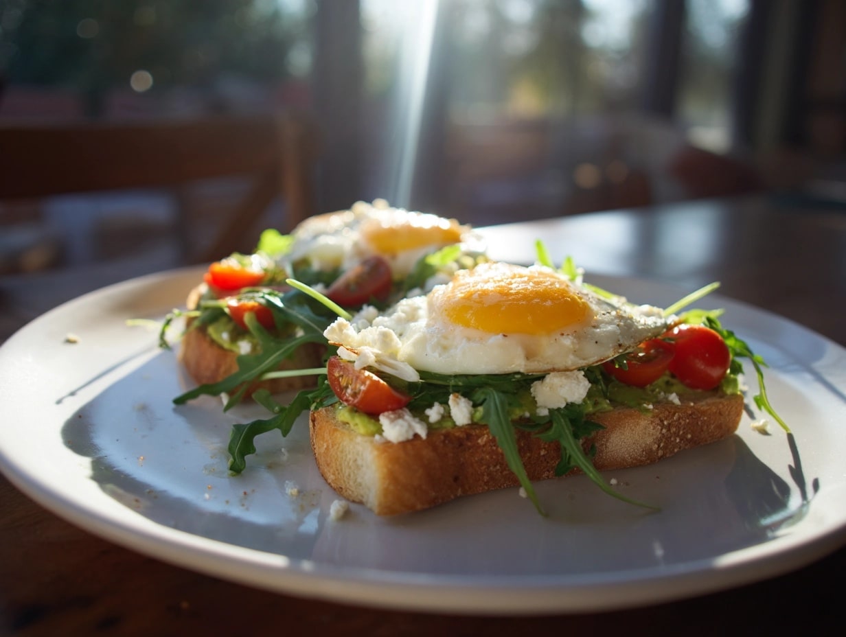 Tartine de pain avec œufs, avocat et tomates.
