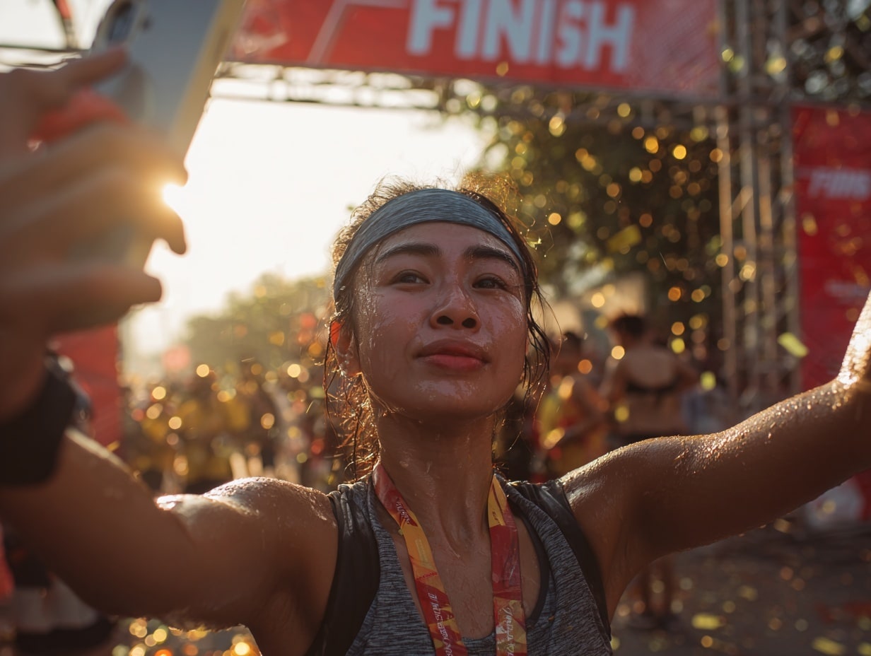 Coureuse souriante prenant un selfie après un marathon.