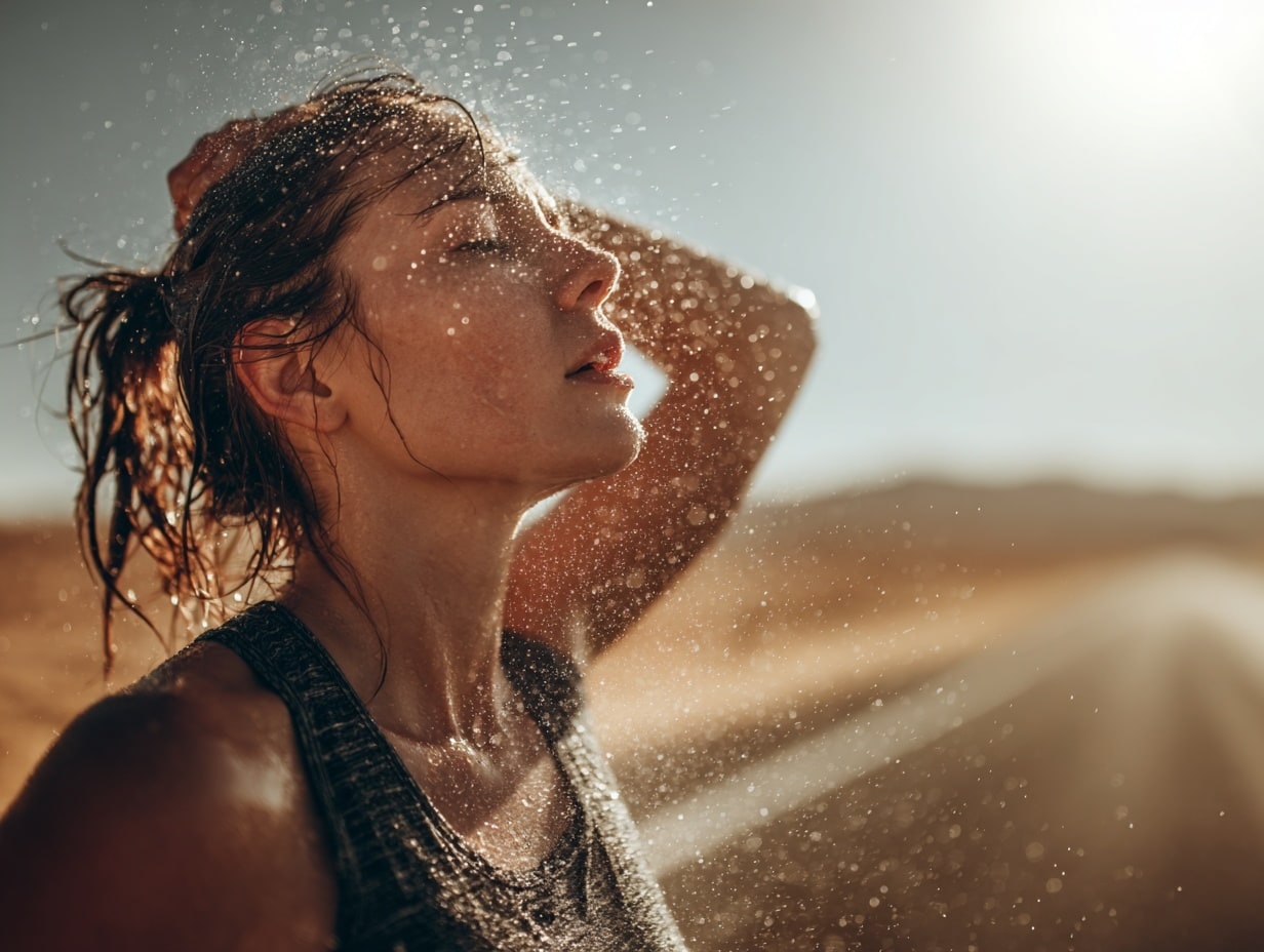 Femme rafraîchie par eau dans le désert.