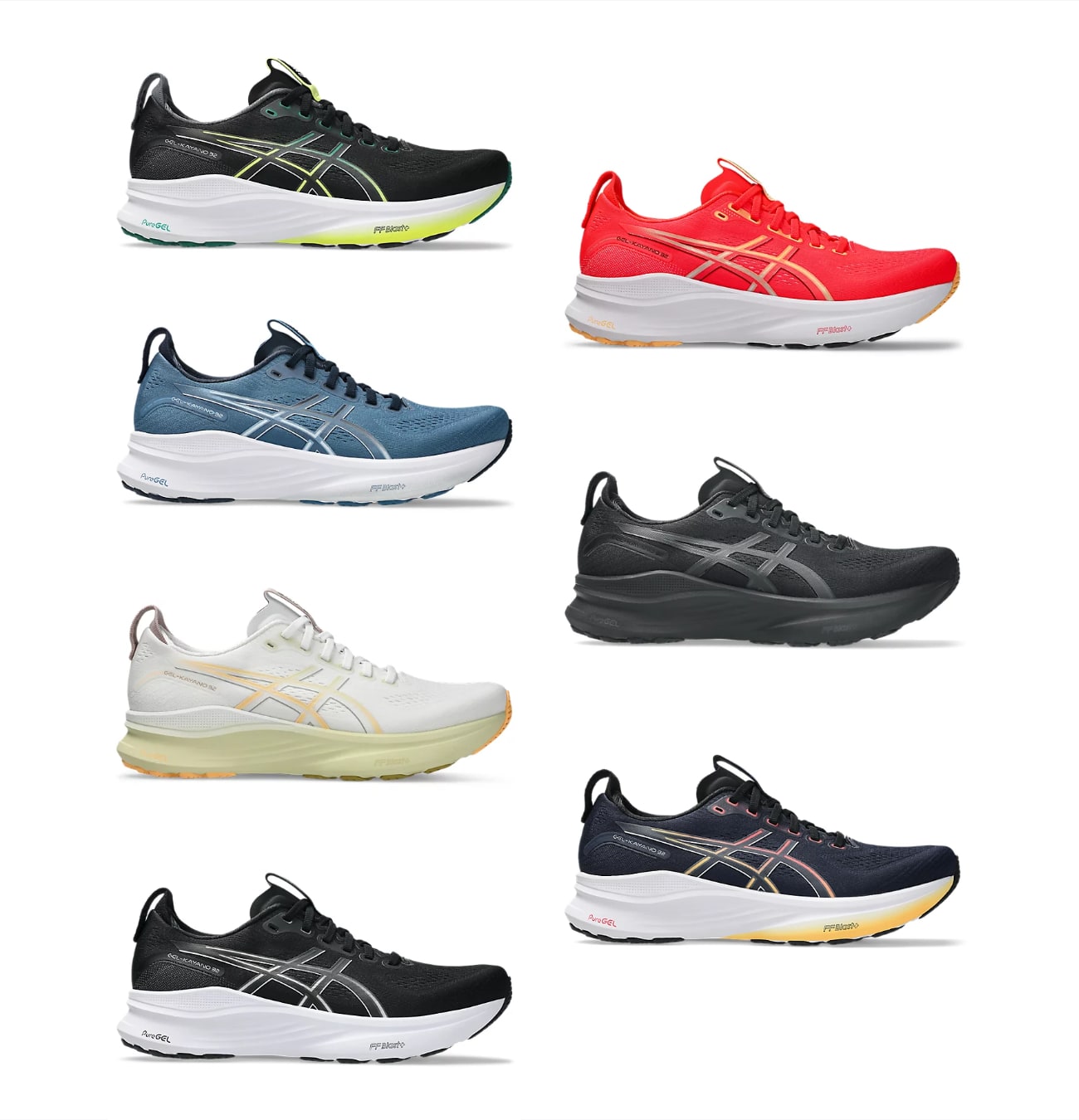 Huit paires de chaussures de sport colorées disposées.